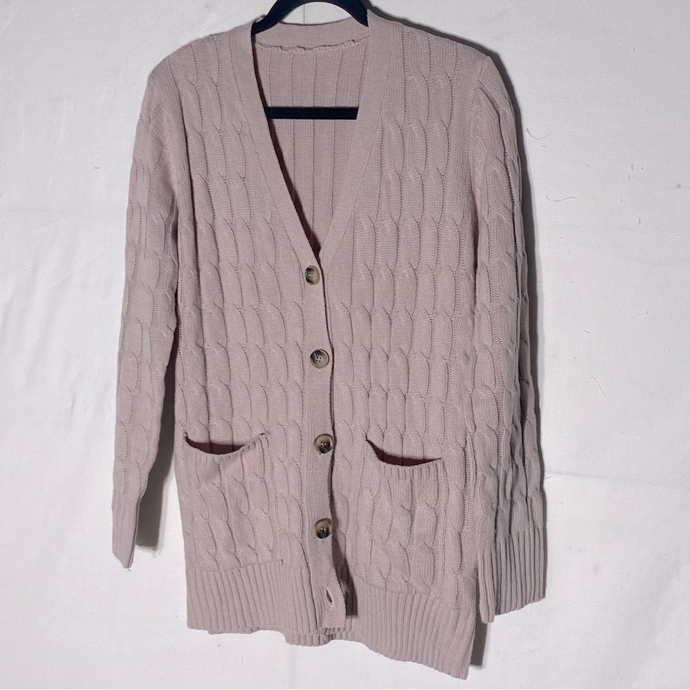 Women’s Light Pink Cable Knit Button Up Long Sleeve Cardigan M